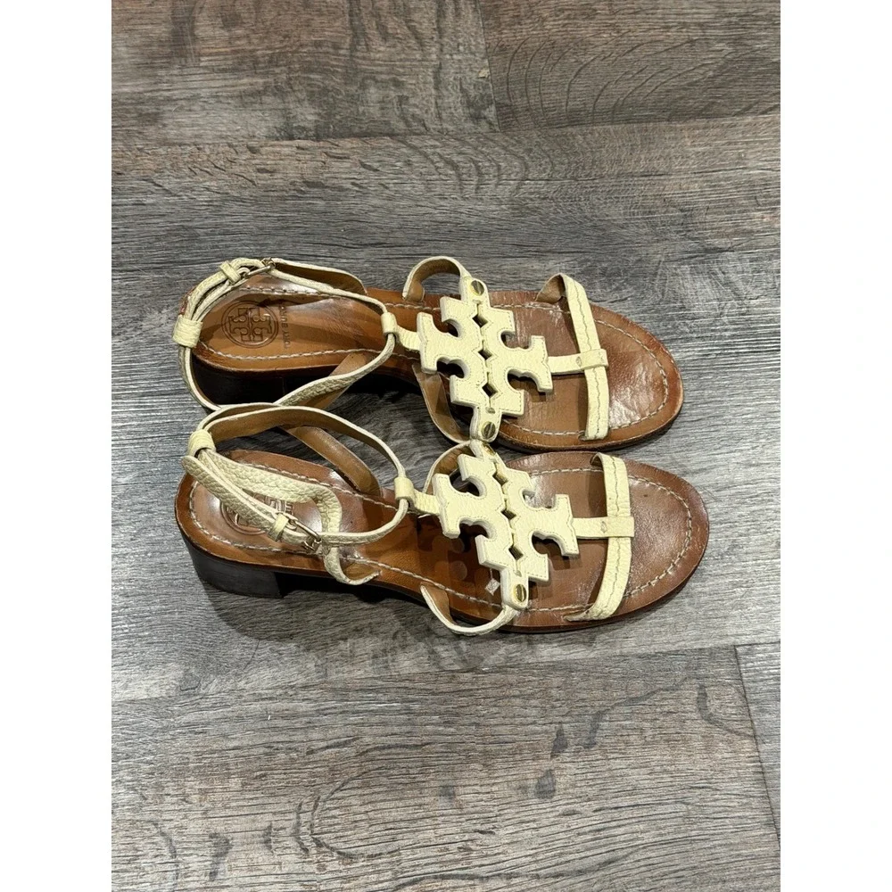 Tory Burch Miller Block Heel Sandals Cream Leather Logo Ankle Strap Womens 7.5M
